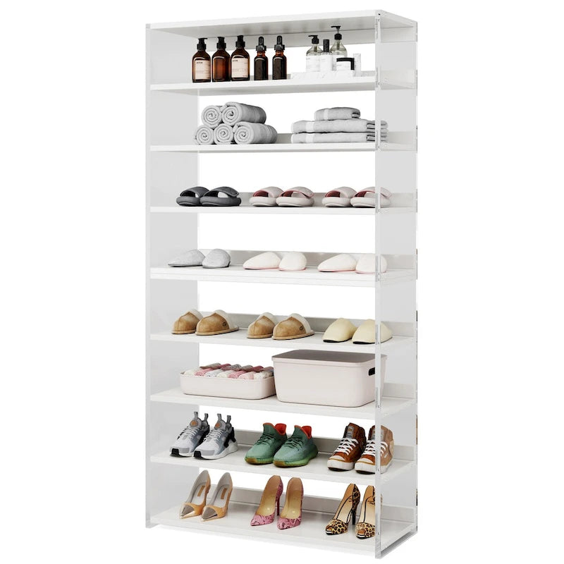 Étagère à chaussures blanche à 9 niveaux avec côtés en acrylique, 27-36 paires