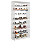 Étagère à chaussures blanche à 9 niveaux avec côtés en acrylique, 27-36 paires