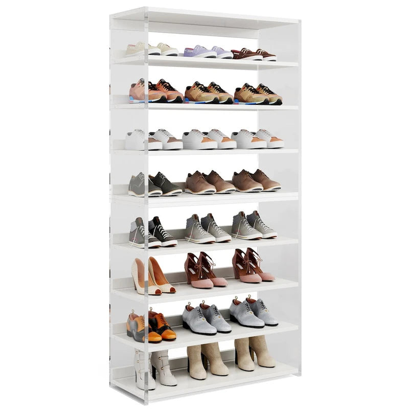 Étagère à chaussures blanche à 9 niveaux avec côtés en acrylique, 27-36 paires