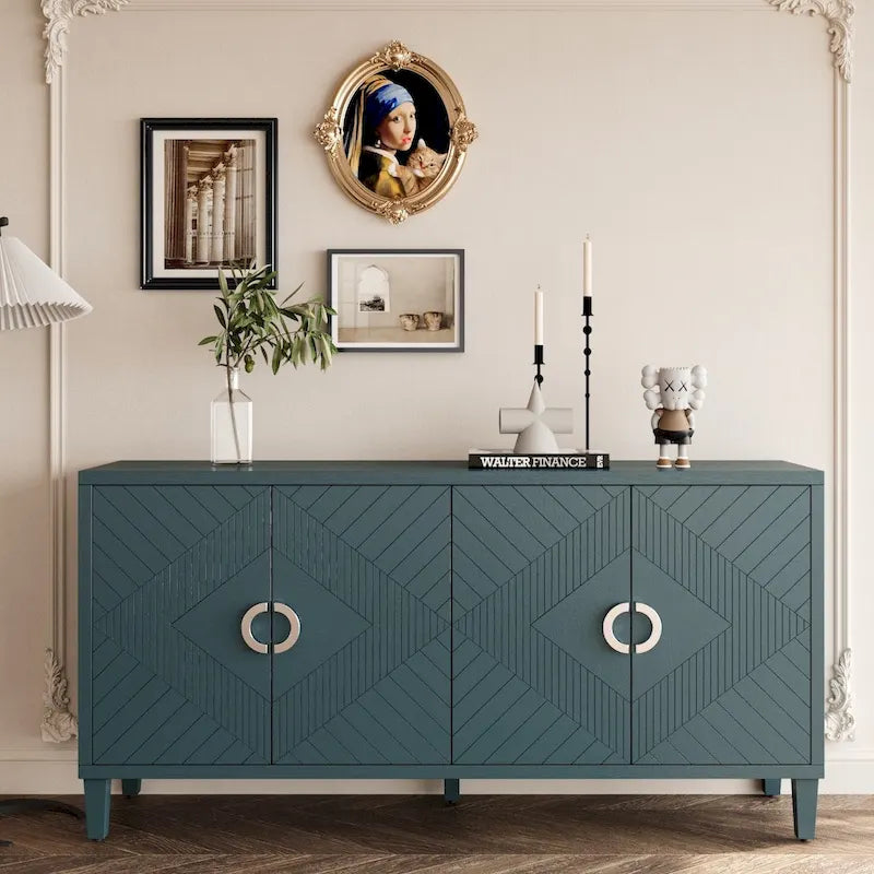 Meuble de rangement 4 portes, vert olive / bleu marine / champagne