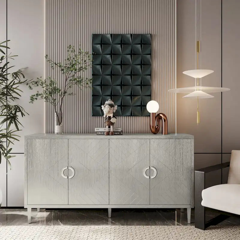 Meuble de rangement 4 portes, vert olive / bleu marine / champagne