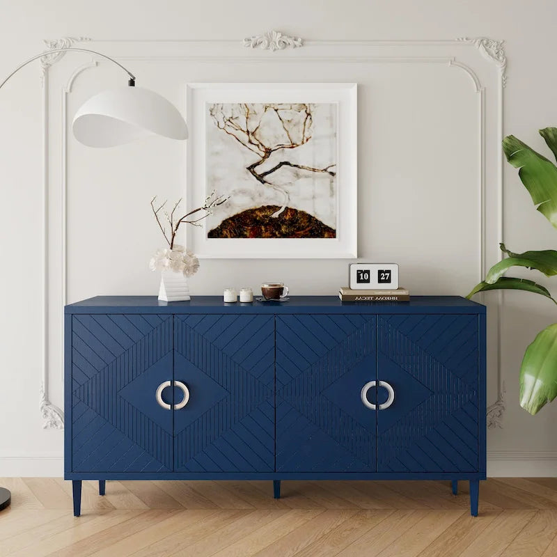 Meuble de rangement 4 portes, vert olive / bleu marine / champagne
