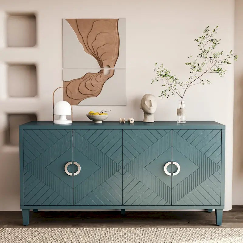 Meuble de rangement 4 portes, vert olive / bleu marine / champagne