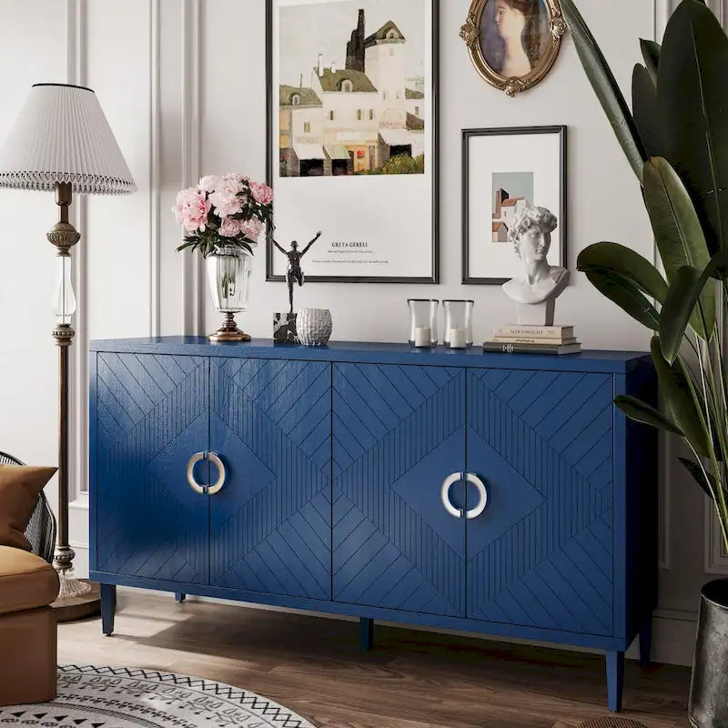 Meuble de rangement 4 portes, vert olive / bleu marine / champagne