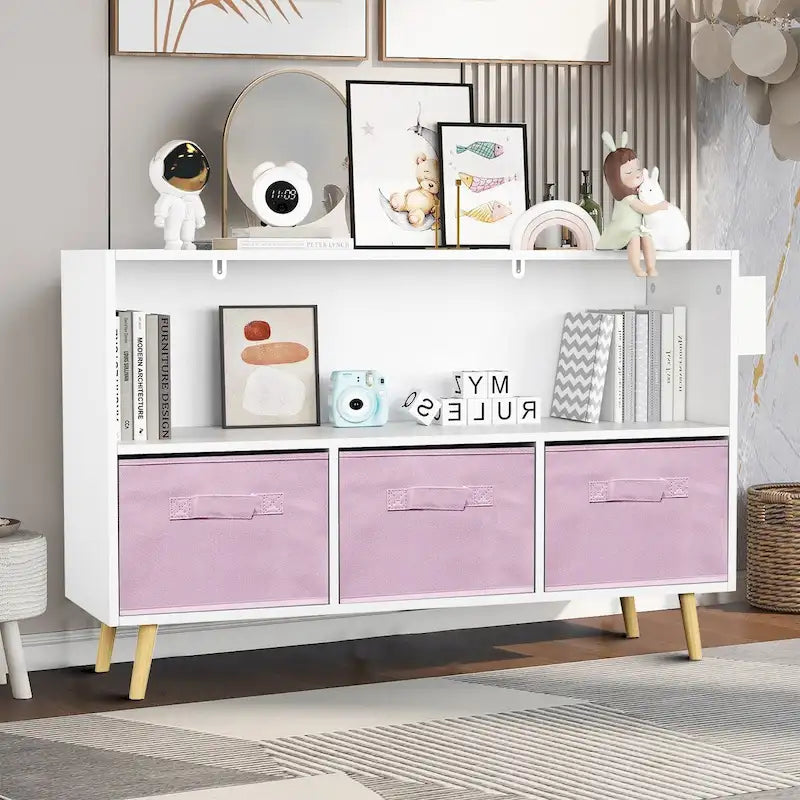 Meuble de rangement 3 tiroirs en tissu Blanc+Gris / Blanc+Rose