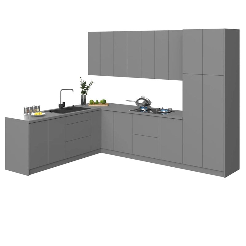 Ensemble d'armoires de cuisine modulaires argentées / beiges / noires, assemblage par 2 personnes, 2,4 x 3 m