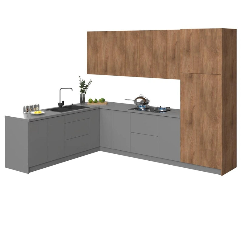 Ensemble d'armoires de cuisine modulaires argentées / beiges / noires, assemblage par 2 personnes, 2,4 x 3 m