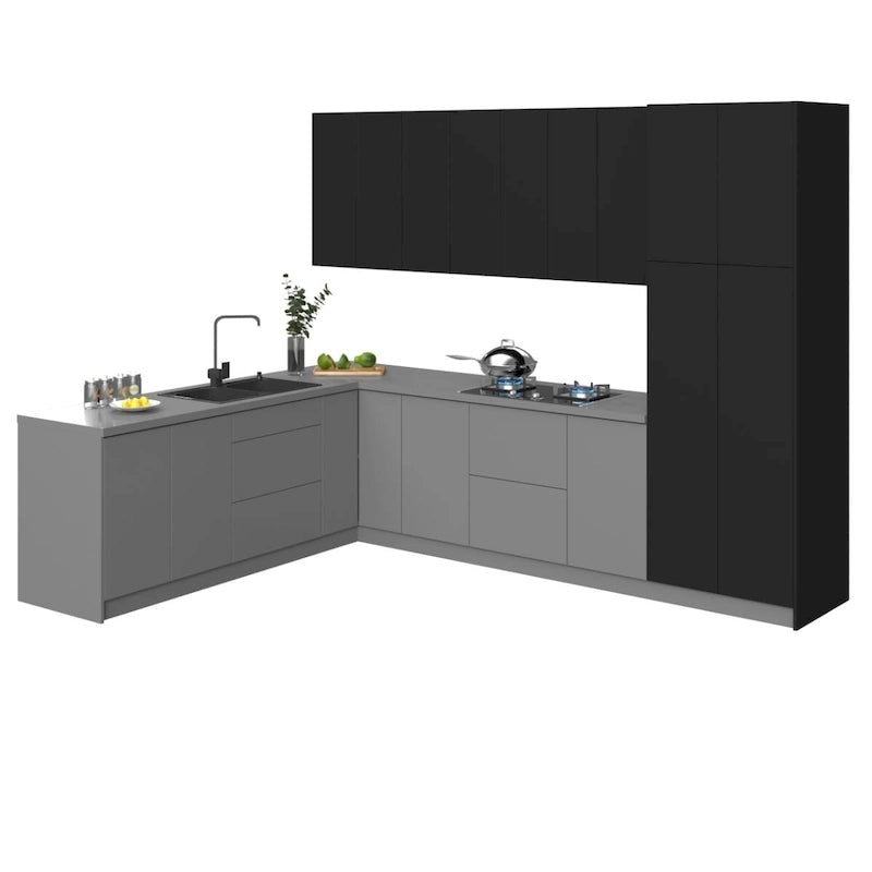 Ensemble d'armoires de cuisine modulaires argentées / beiges / noires, assemblage par 2 personnes, 2,4 x 3 m