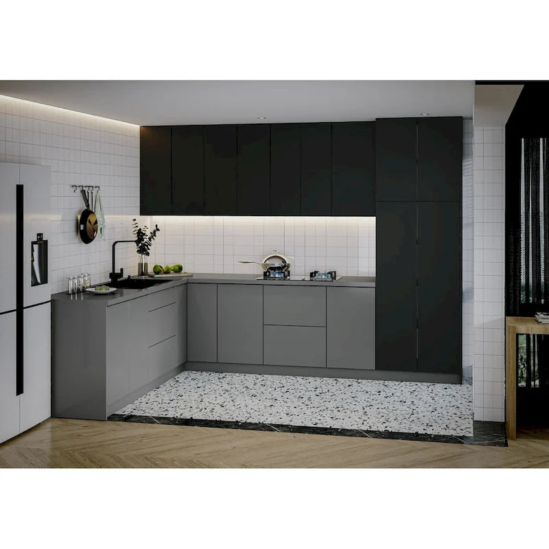 Ensemble d'armoires de cuisine modulaires argentées / beiges / noires, assemblage par 2 personnes, 2,4 x 3 m