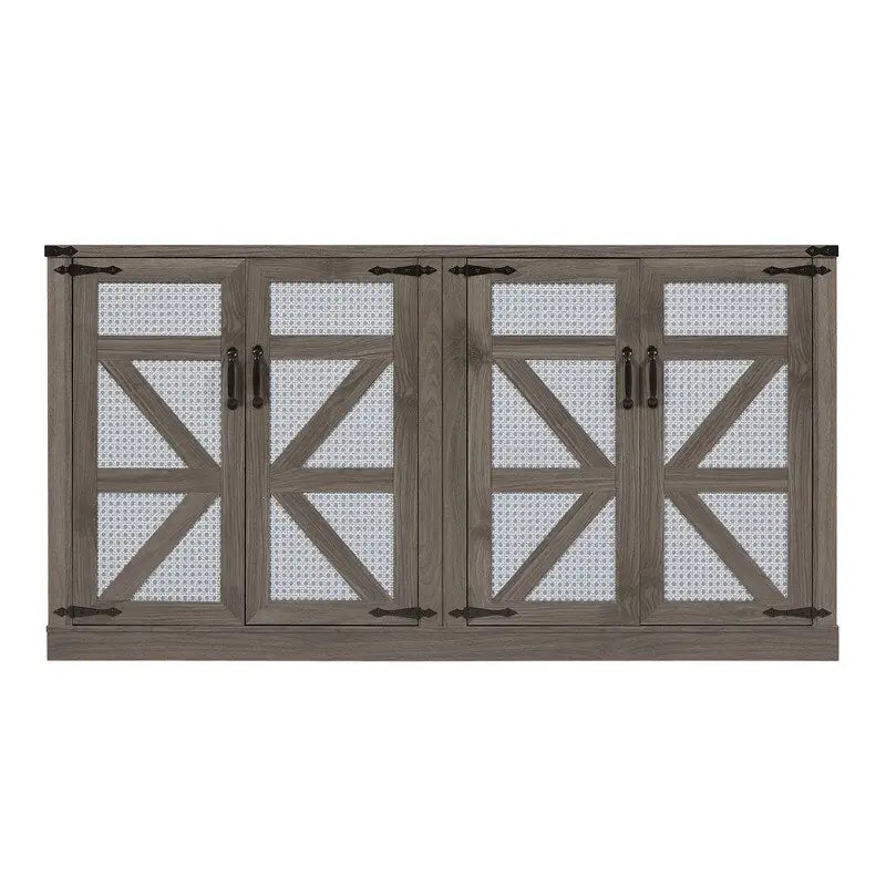 Bahut de rangement à 4 portes gris pierre / rotin chêne
