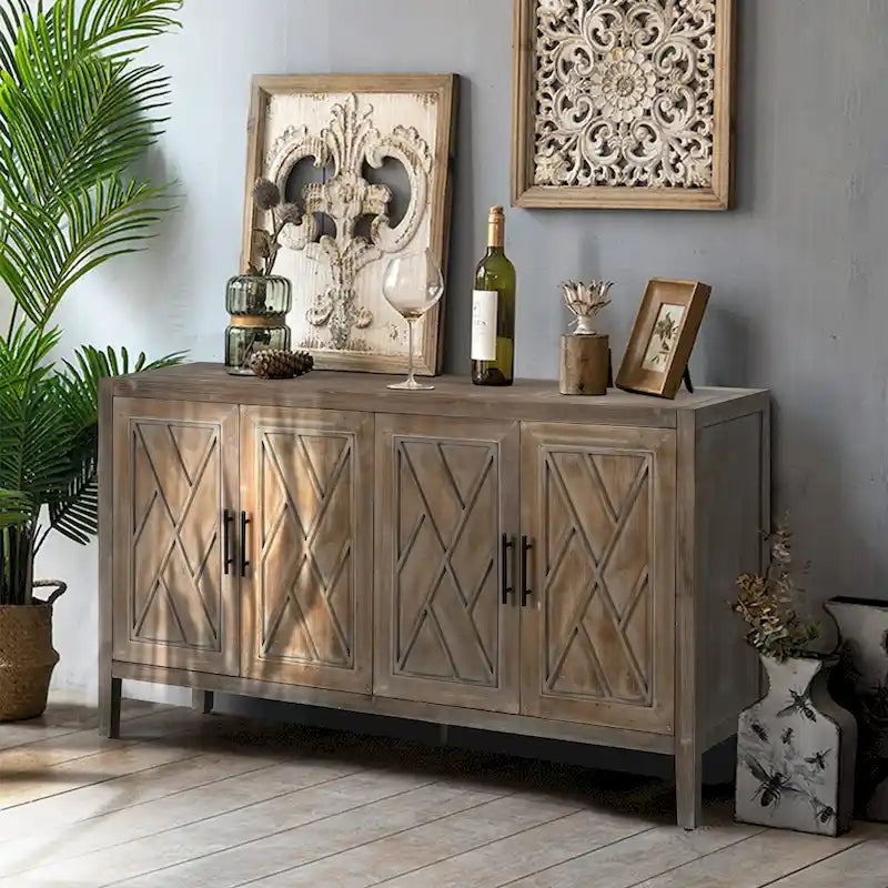 Bahut de rangement 4 portes en sapin brun antique