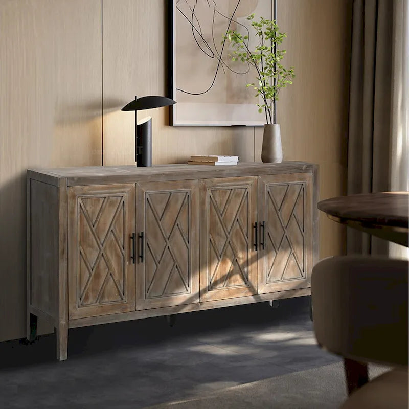 Bahut de rangement 4 portes en sapin brun antique