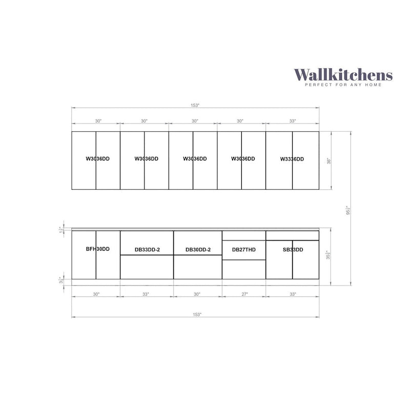 Ensemble d'armoires de cuisine blanc mat – 3,96 m de large (153"x24")
