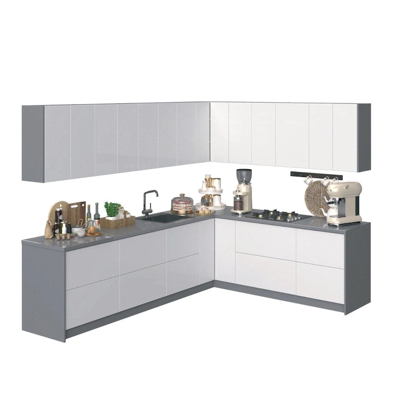 Meuble bas de cuisine blanc brillant, 3 m de large