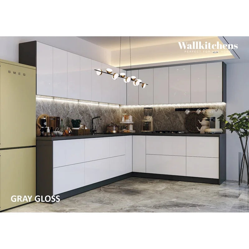 Meuble bas de cuisine blanc brillant, 3 m de large