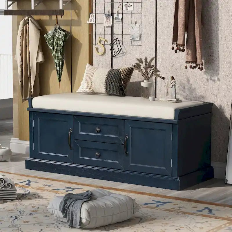Banc de rangement 2 tiroirs 2 portes avec coussin Blanc/Bleu Marine Antique/Noir