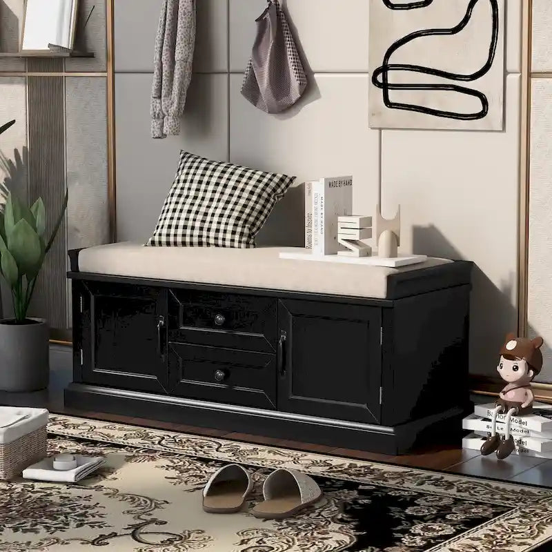 Banc de rangement 2 tiroirs 2 portes avec coussin Blanc/Bleu Marine Antique/Noir