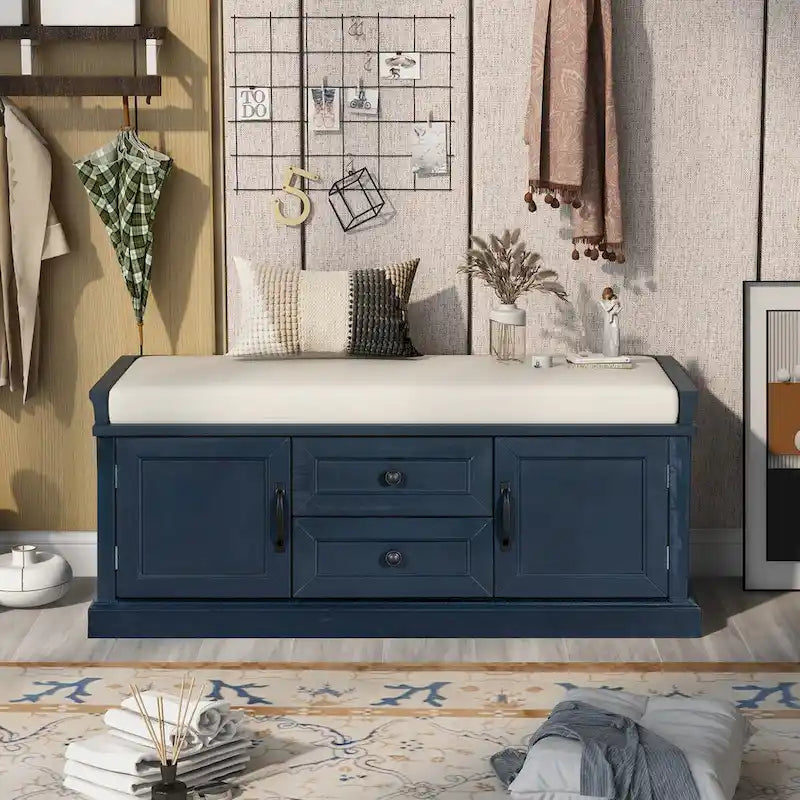 Banc de rangement 2 tiroirs 2 portes avec coussin Blanc/Bleu Marine Antique/Noir