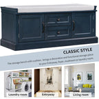 Banc de rangement 2 tiroirs 2 portes avec coussin Blanc/Bleu Marine Antique/Noir