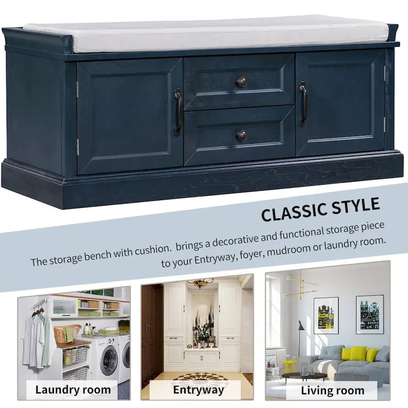 Banc de rangement 2 tiroirs 2 portes avec coussin Blanc/Bleu Marine Antique/Noir