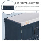 Banc de rangement 2 tiroirs 2 portes avec coussin Blanc/Bleu Marine Antique/Noir