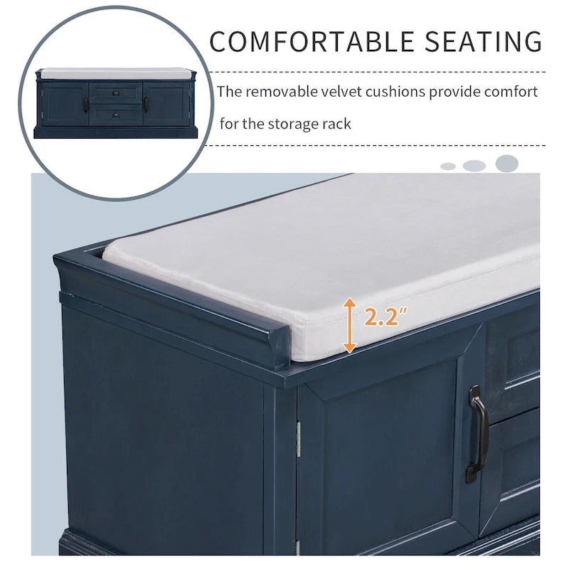Banc de rangement 2 tiroirs 2 portes avec coussin Blanc/Bleu Marine Antique/Noir