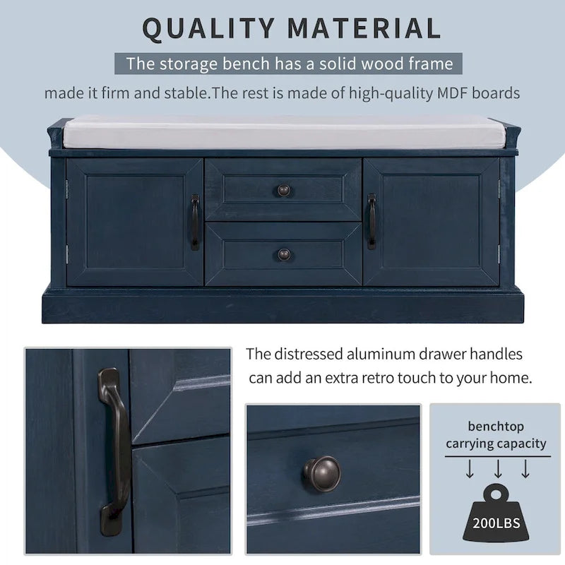 Banc de rangement 2 tiroirs 2 portes avec coussin Blanc/Bleu Marine Antique/Noir