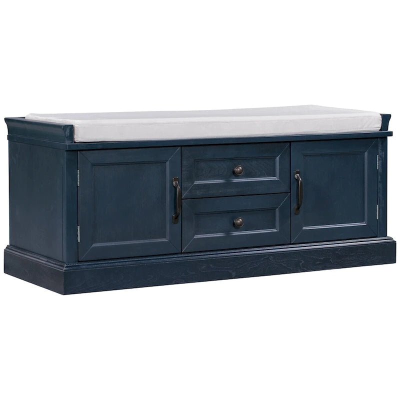 Banc de rangement 2 tiroirs 2 portes avec coussin Blanc/Bleu Marine Antique/Noir