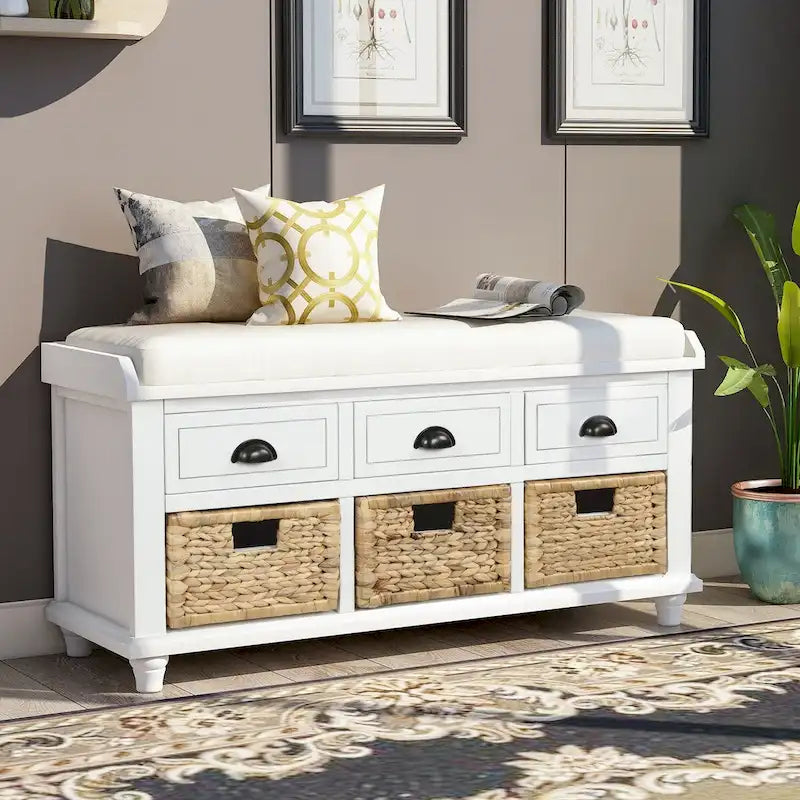 Banc de rangement 1 personne blanc délavé/blanc/bleu marine antique avec tiroirs et paniers en rotin