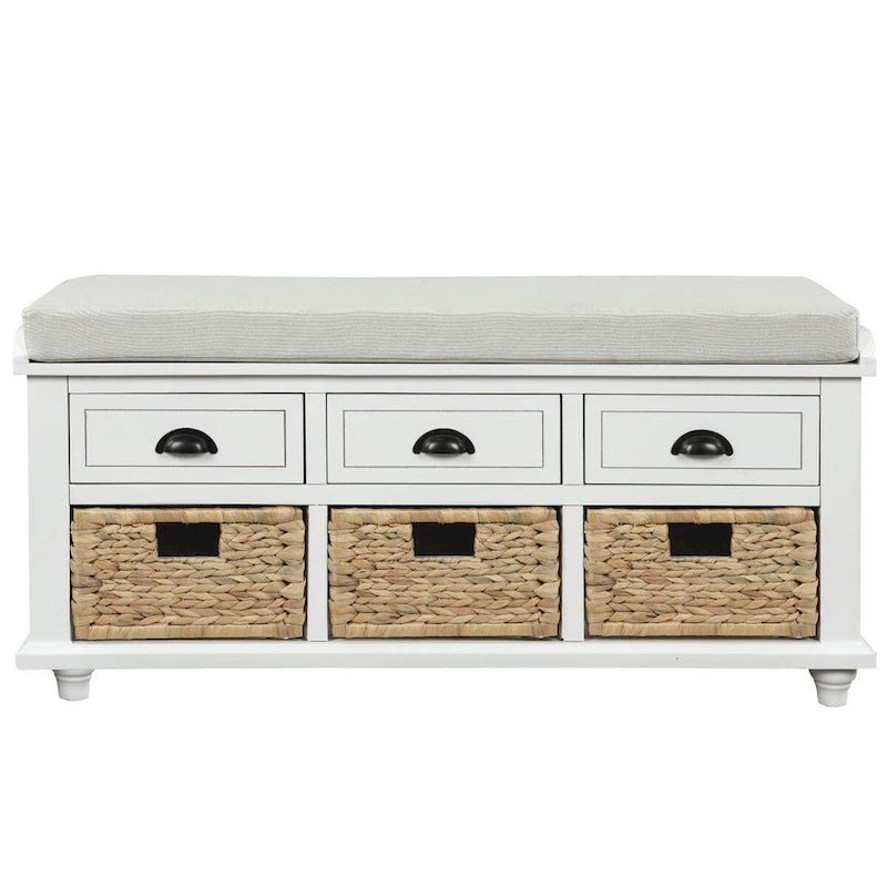 Banc de rangement 1 personne blanc délavé/blanc/bleu marine antique avec tiroirs et paniers en rotin