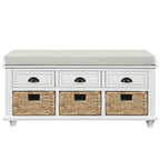 Banc de rangement 1 personne blanc délavé/blanc/bleu marine antique avec tiroirs et paniers en rotin