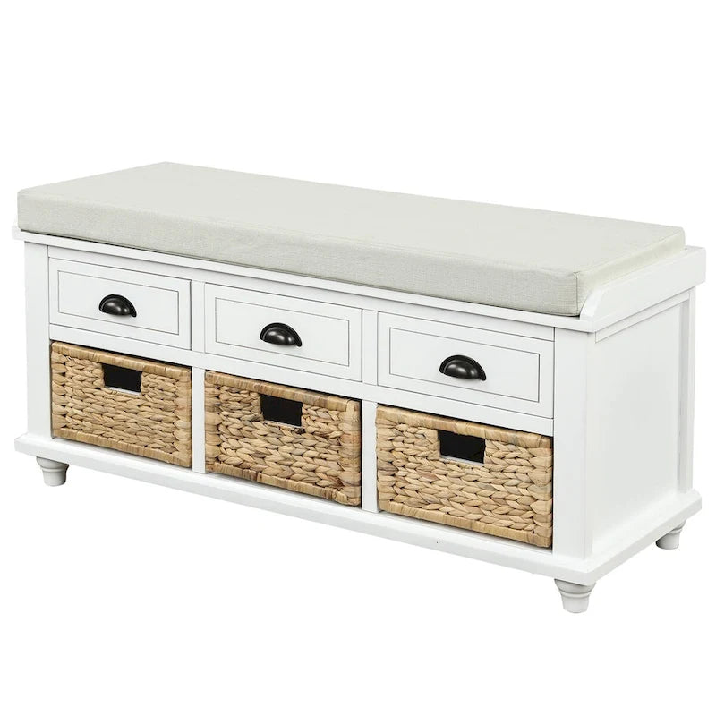 Banc de rangement 1 personne blanc délavé/blanc/bleu marine antique avec tiroirs et paniers en rotin