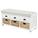 Banc de rangement 1 personne blanc délavé/blanc/bleu marine antique avec tiroirs et paniers en rotin