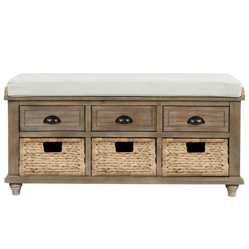 Banc de rangement 1 personne blanc délavé/blanc/bleu marine antique avec tiroirs et paniers en rotin