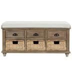 Banc de rangement 1 personne blanc délavé/blanc/bleu marine antique avec tiroirs et paniers en rotin
