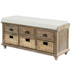 Banc de rangement 1 personne blanc délavé/blanc/bleu marine antique avec tiroirs et paniers en rotin