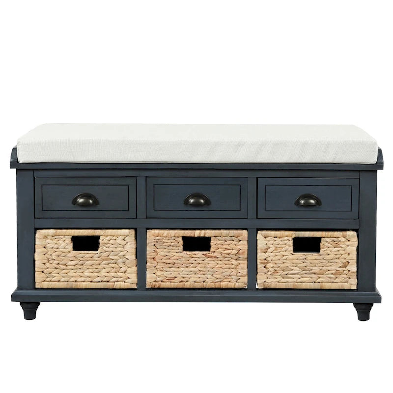 Banc de rangement 1 personne blanc délavé/blanc/bleu marine antique avec tiroirs et paniers en rotin