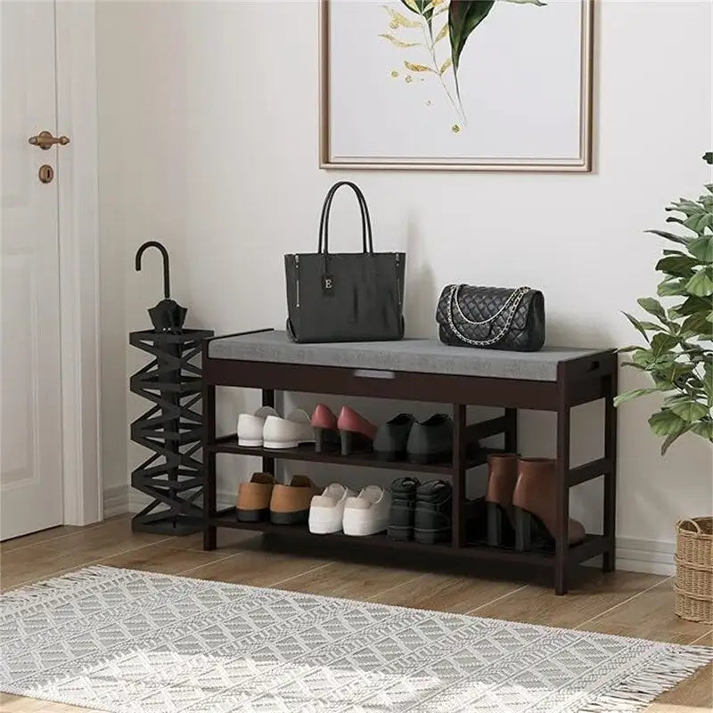 Banc à chaussures en bambou avec rangement, marron/blanc/naturel vintage, siège pour 1, style entrée