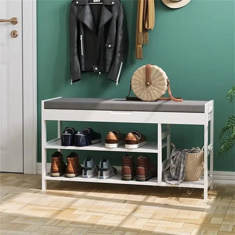 Banc à chaussures en bambou avec rangement, marron/blanc/naturel vintage, siège pour 1, style entrée