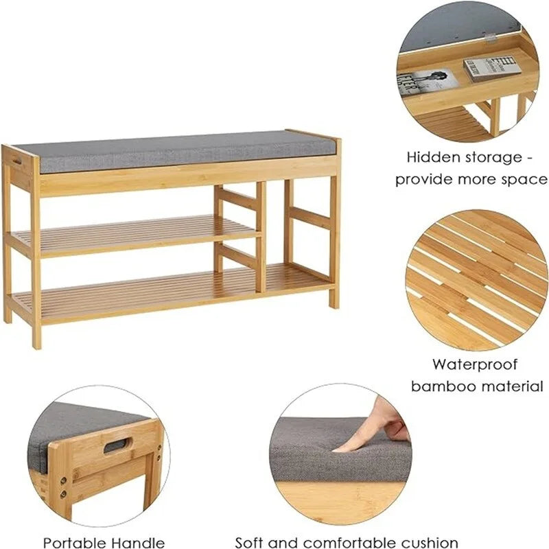 Banc à chaussures en bambou avec rangement, marron/blanc/naturel vintage, siège pour 1, style entrée