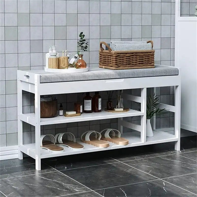 Banc à chaussures en bambou avec rangement, marron/blanc/naturel vintage, siège pour 1, style entrée