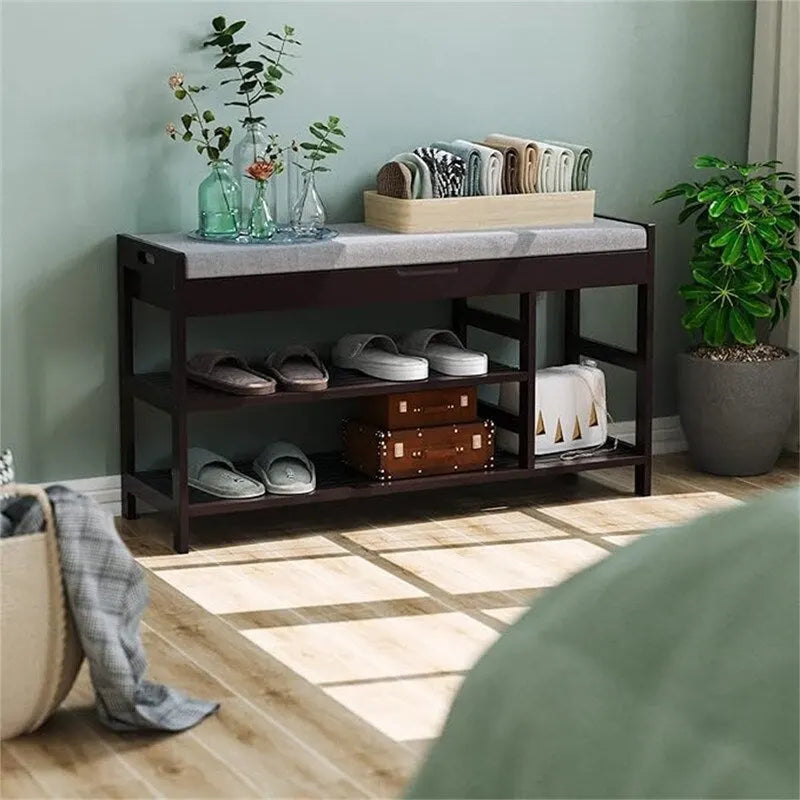 Banc à chaussures en bambou avec rangement, marron/blanc/naturel vintage, siège pour 1, style entrée