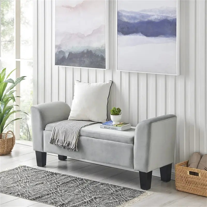 Banc de rangement ottoman en velours rose/gris avec accoudoirs incurvés