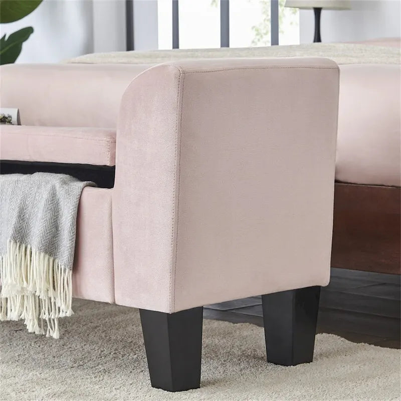Banc de rangement ottoman en velours rose/gris avec accoudoirs incurvés