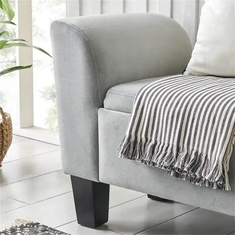 Banc de rangement ottoman en velours rose/gris avec accoudoirs incurvés