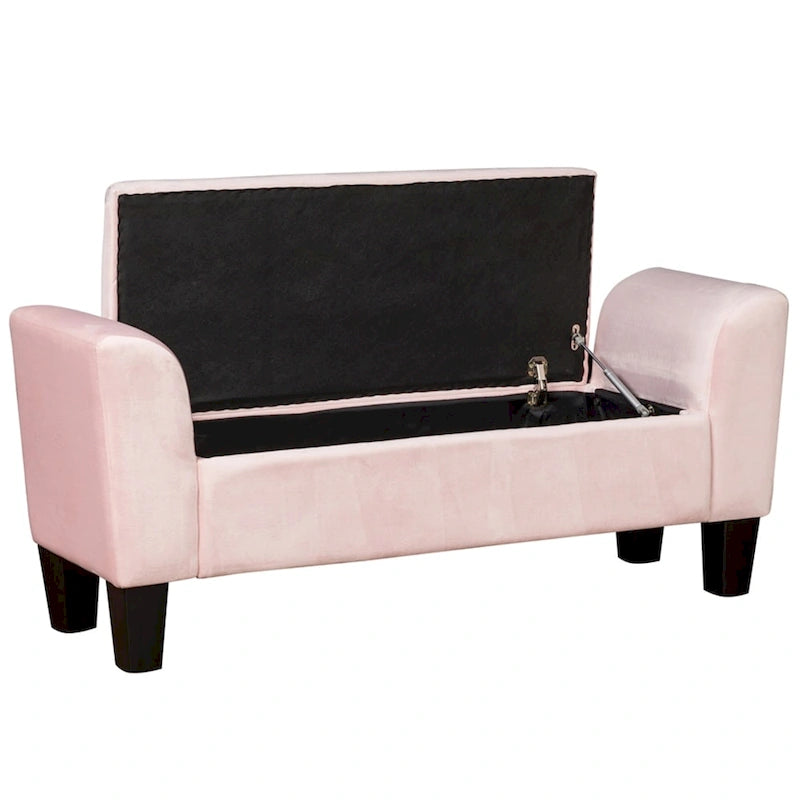 Banc de rangement ottoman en velours rose/gris avec accoudoirs incurvés
