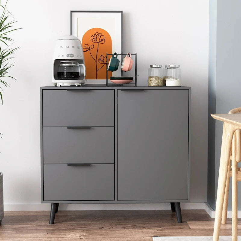 Armoire de rangement mi-siècle gris/bois naturel avec 3 tiroirs et une porte