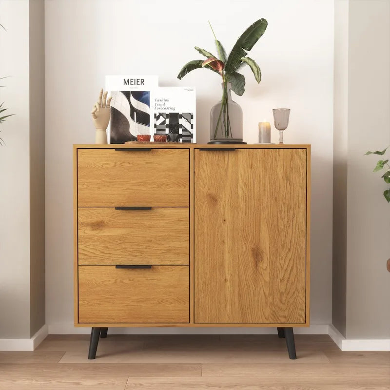 Armoire de rangement mi-siècle gris/bois naturel avec 3 tiroirs et une porte