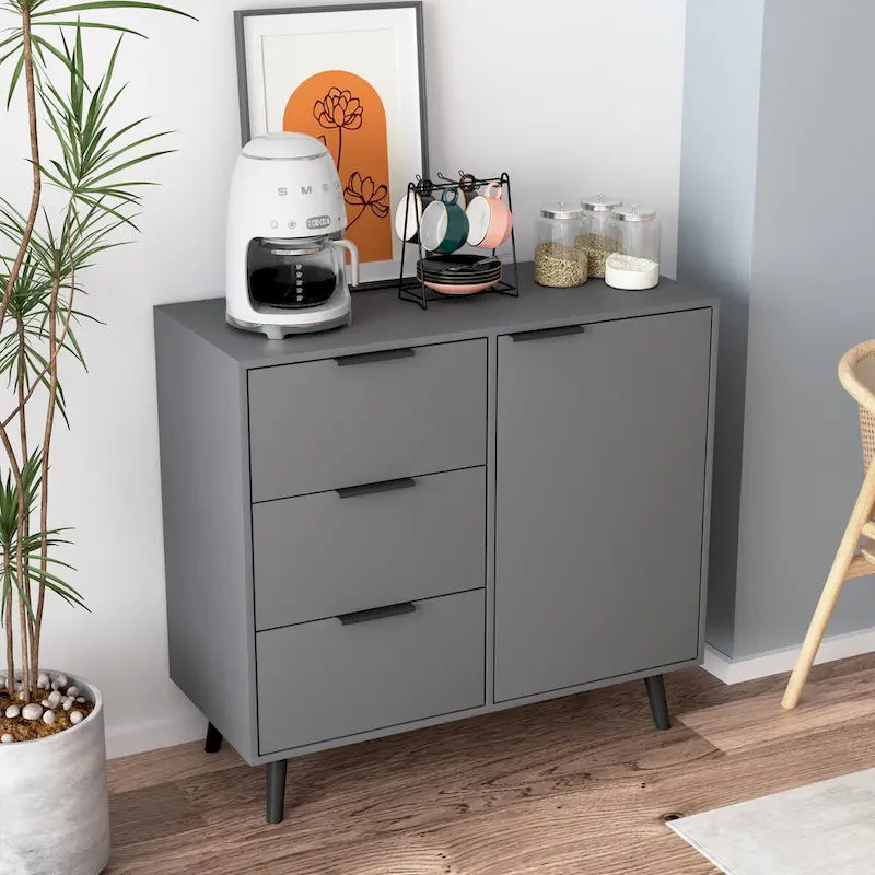 Armoire de rangement mi-siècle gris/bois naturel avec 3 tiroirs et une porte