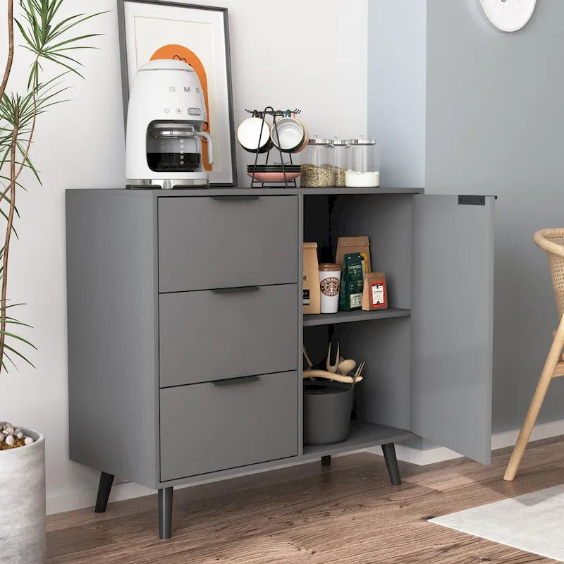 Armoire de rangement mi-siècle gris/bois naturel avec 3 tiroirs et une porte